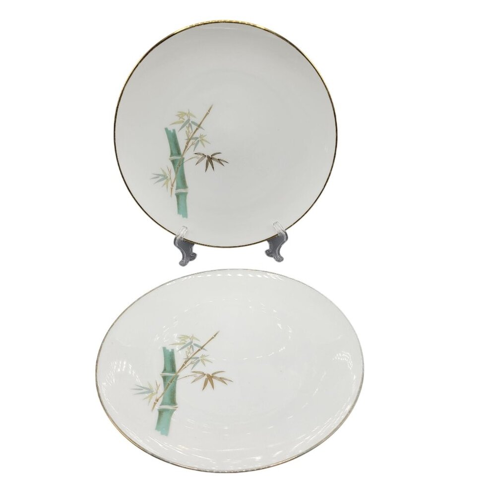 Vtg Noritake Japan Oriental Bamboo Design Dinner Plates Set Of 2 Gold Trim 10.5"